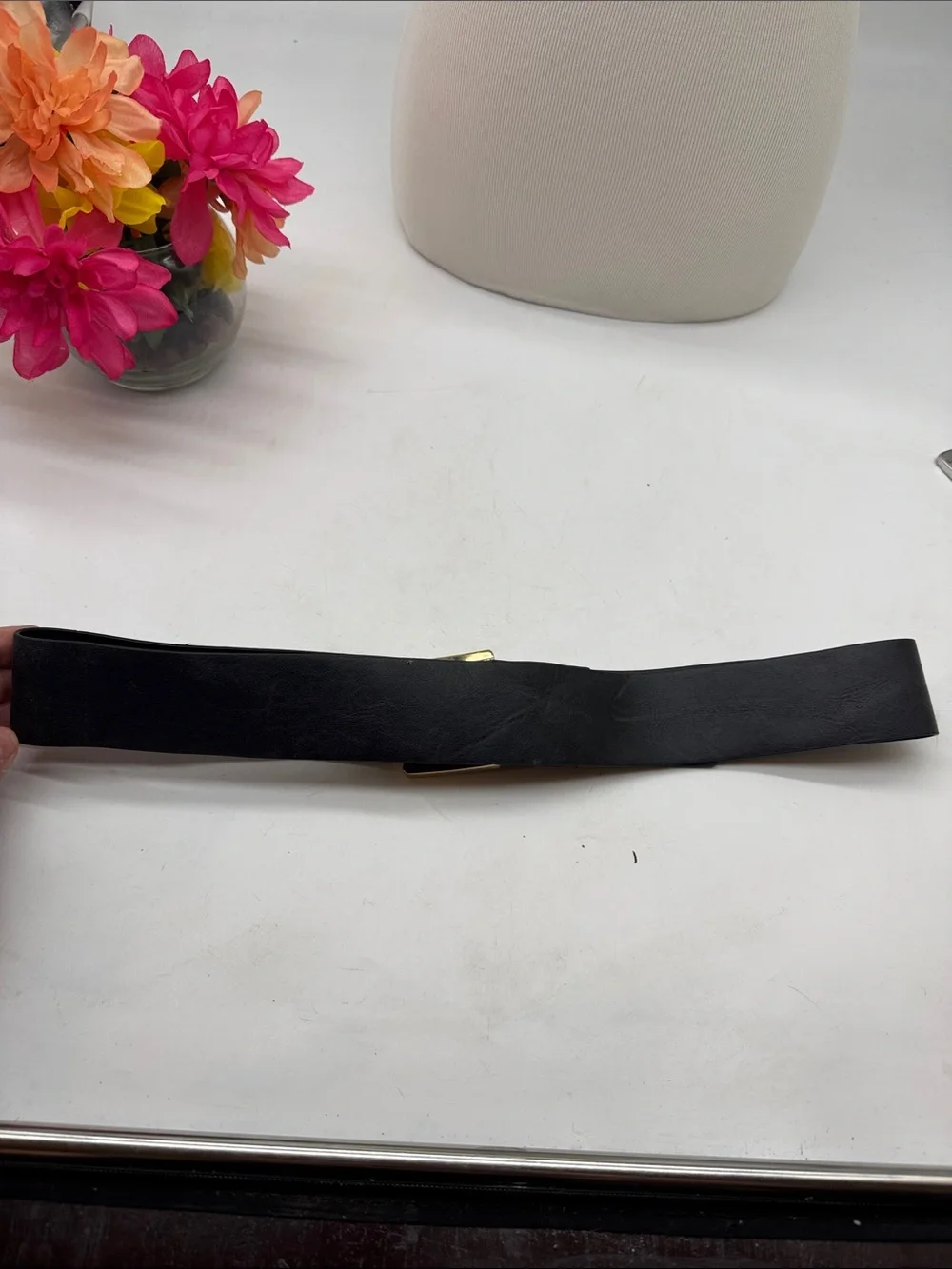 Michael Kors Classic Black Leather Belt with Gold Buckle Size L